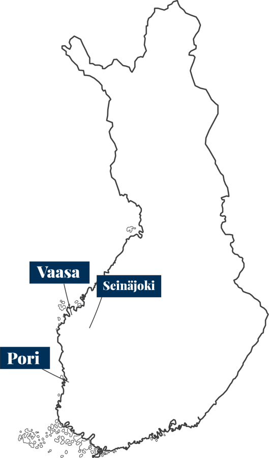 kartta, jossa merkittynä Vaasa, Pori ja Seinäjoki