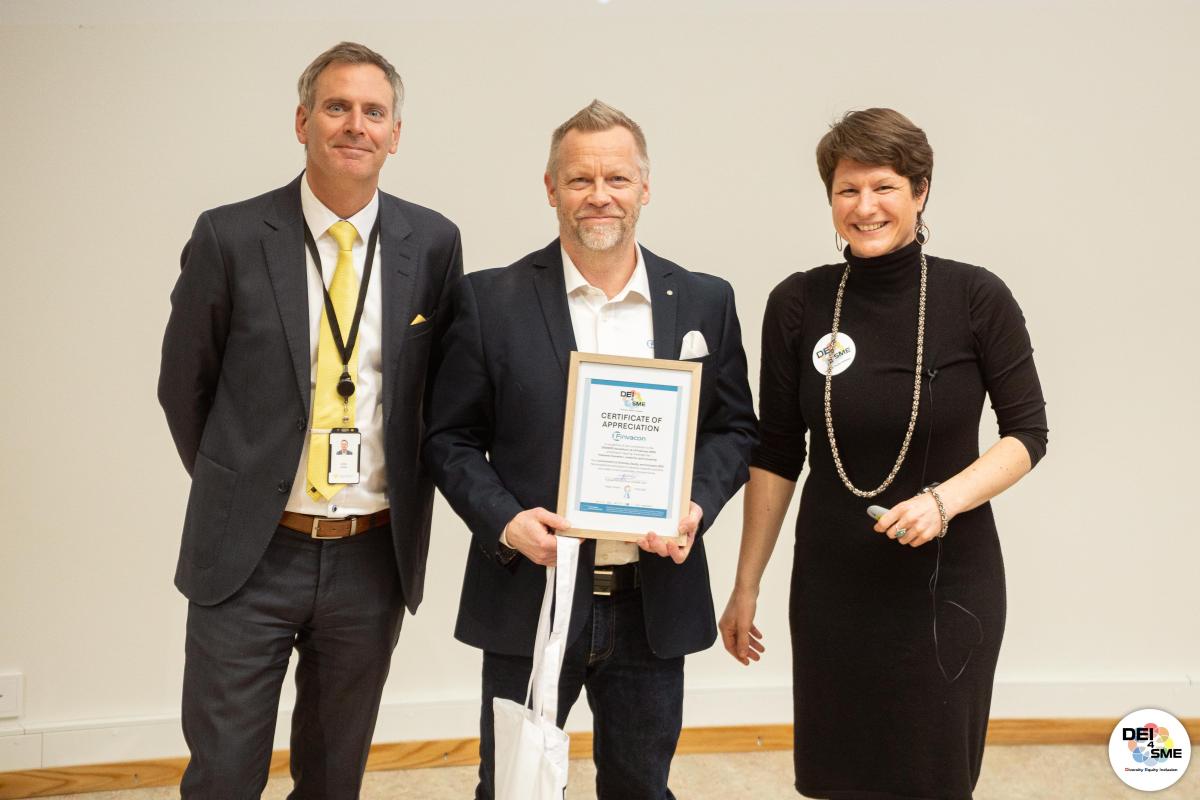 In the photo: the Dean of the School of Management Adam Smale (University of Vaasa), CEO Kaj Sundén (Finvacon, Finland), Program Manager (Bachelor’s in IB) and DEI4SME Project leader Aušrinė Šilenskytė (University of Vaasa). 